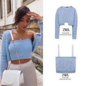 ZARA soft feel fuzzy long sleeve open front cropped cardigan and crop top